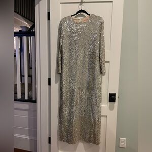 Show Me Your MuMu Maddison Long Sleeve Sequin Dress Womens L Platinum Silver.